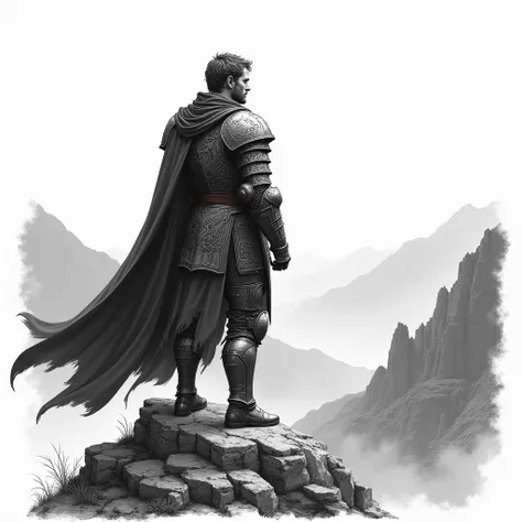 A medieval knight stands atop a rocky peak, gazing over a vast, mountainous landscape. He wears a full suit of ornate, battle-worn armor with intricate engravings, a flowing cape draped over his shoulders, and a determined expression. His physique is that ...