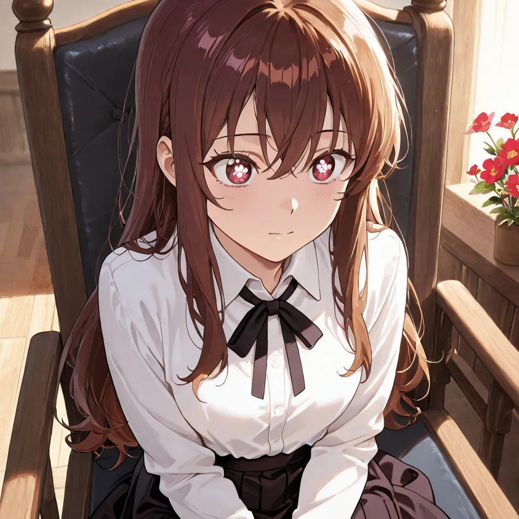  with long brown hair, wear a white shirt and a simple long skirt, her eyes are Maroon red and her pupils are white flower-shaped. 

He was sitting in a chair and was focusing on drawing. 