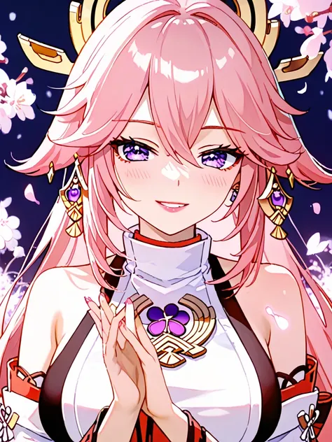 female,woman,yae miko\(genshin), detached sleeves, bare shoulders, pink hair, long hair, japanese clothes,(hair ornament:1.35),jewelry,purple eyes,earrings,cherry blossoms,long sleeves,thick lips,fair skin,glossy texture,pink lips,white collared shirt
BREA...