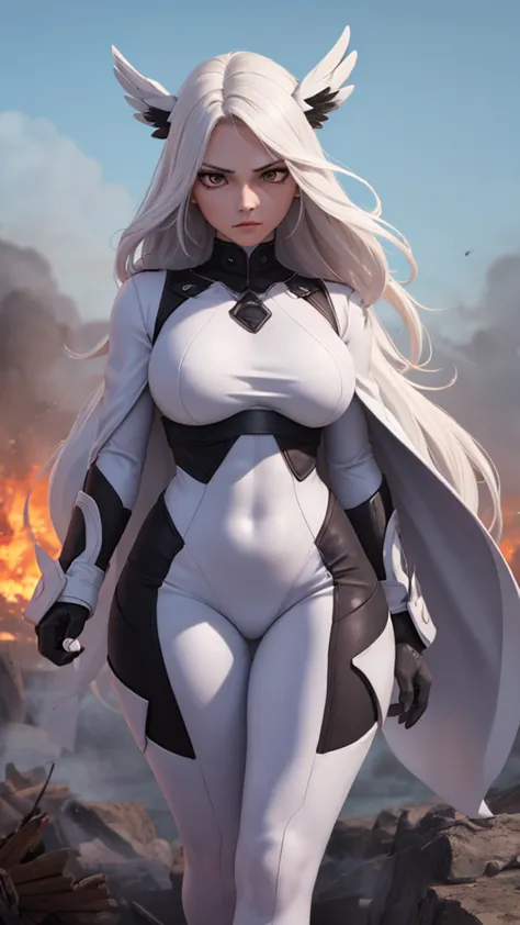 mujer adulta, 1.80 m high, white skin with Latin features, long white hair,  bright white eyes ,  shiny black lips . She wears a white superhero costume, modern and tight, with a sky blue eagle on his chest. He finds himself walking in the middle of a batt...