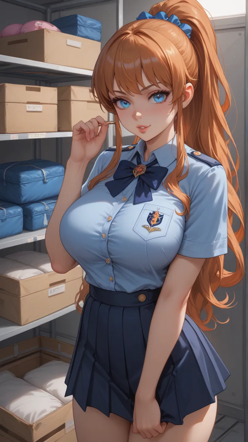 girls、Baby Face、ish、uniform、Inside the gym storeroom、big breasts、 Gold、long hair、 blue eyes、ponytail、 Low、 devilish expression、inflaming expression、Canine、