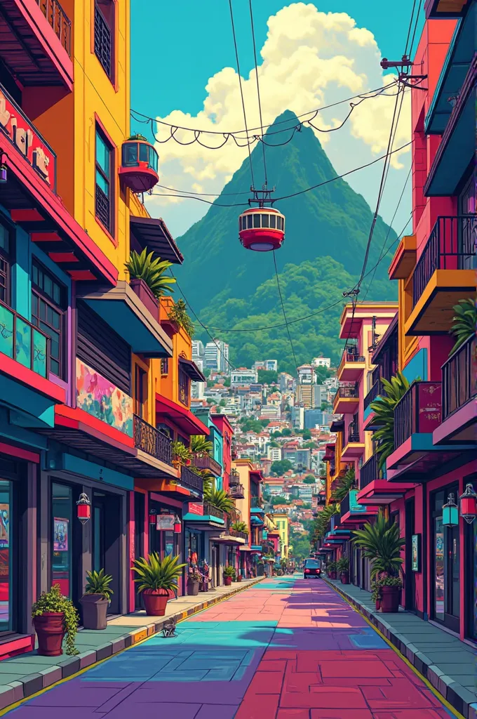 Generate pop art style images of the city of Medellin。contains the following elements( subway cable, Corte Herville, city, Carriel of Paisa, sailor's picture, Peñol of the Rock)