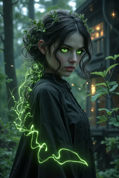 Strictly depicting a mysterious witch in a charming forest house。magic,Faint , Mysterious Atmosphere 。 Emerald green eyes ( Green eyes accentuated ) Reflecting a mesmerizing glow ,Faint's hairstyle,Sea of Stars,Fiery creation