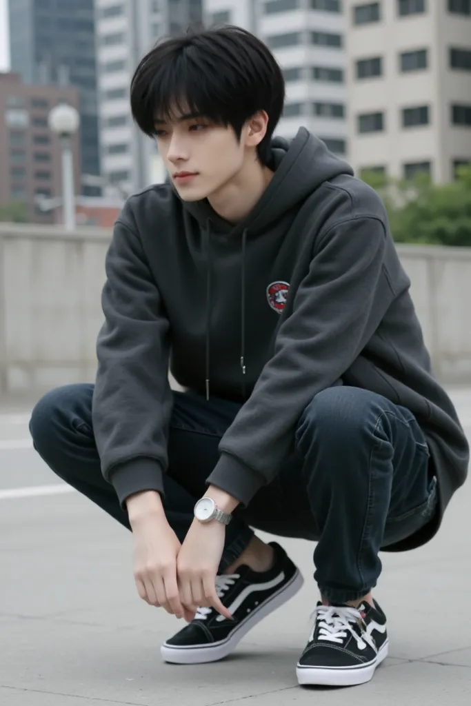 Refer to img for poses only and follow the instructions below for everything else、 Japanese man 、18 years old、 grey hoodie、jeans、clock, Sneakers,  Crouch, Hands that hang naturally,    black hair