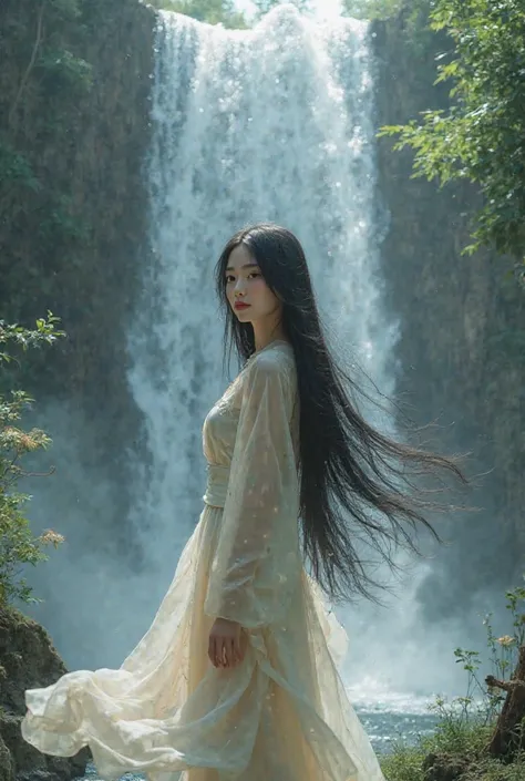 Make me a long black haired girl with the truest Asian model... Standing under a waterfall 