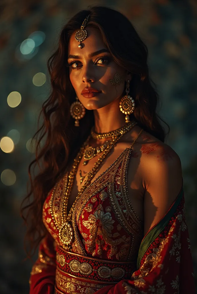  portrait of a beautiful indian female in dark night with lumisnicence henna , shiny leather dress with indian patterns, background mytsic magic indian patterns and shiva pictures,  atmossphere with luminisence effects