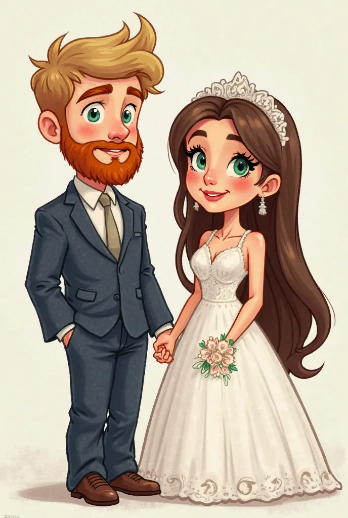 I would like to create an image/bride and groom drawing, dresses for the wedding.
The groom is blond with a red beard and light eyes, and the bride is long brown haired with green eyes, both are fair-skinned and about the same height as each other.