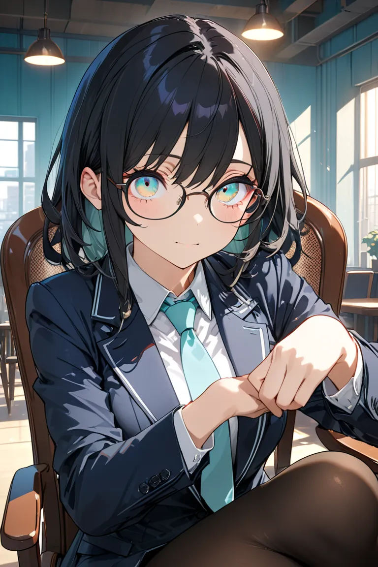 Anime girl, (ethnicity:1.2), (age:1.1), (detailed clothing:1.2), (accessories:1.1), (glasses:1.1), (suit:1.2), (tie:1.1), (pantyhose:1.1), (facial features:1.3), (expression:1.2), (body type:1.1), (pose:1.2),  leaning back, sitting on chair, (detailed skin...