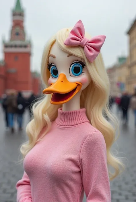 
 Masterpiece , best quality3d, amazing quality, ShirleyTTail ,  semi-anthropomorphic,  woman , Duck, Loon, blond hair,  blue sclera , Black eyes, white feathers, pink sweater , pink bow,  in the usual way. Moscow city, Kremlin