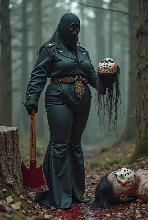 Black full face creepy balaclava curvy female. -  She wears long black mermaid bell bottom pants, huge belt, high platform heels. -  She holds the large bloody axe in the left hand. - She holds a severed head of a hockey masked man in the right hand, with ...