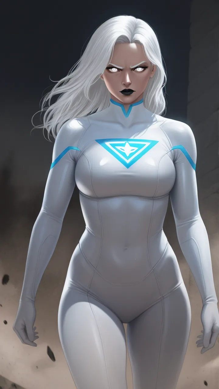 mujer adulta, 1.80 m high, white skin with Latin features, long white hair,  bright white eyes ,  shiny black lips . She wears a white superhero costume, modern and tight, with a sky blue eagle on his chest. He finds himself walking in the middle of a batt...