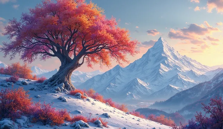 Create a colorful tree on top of a mountain in winter with colorful vegetation and the sun setting