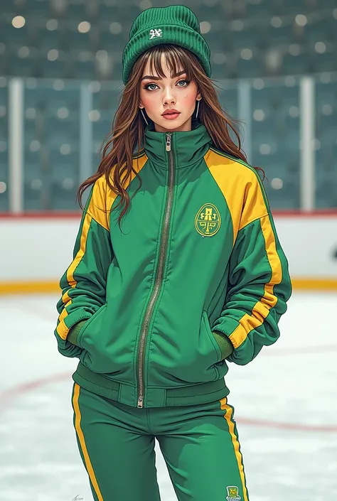 a woman in a green jacket standing on a hockey rink, a sketch inspired by Glòria Muñoz, instagram, graffiti, style of julia razumova, wearing a track suit, wearing a tracksuit, she is wearing streetwear, wearing track and field suit, cold as ice! 🧊, cute s...