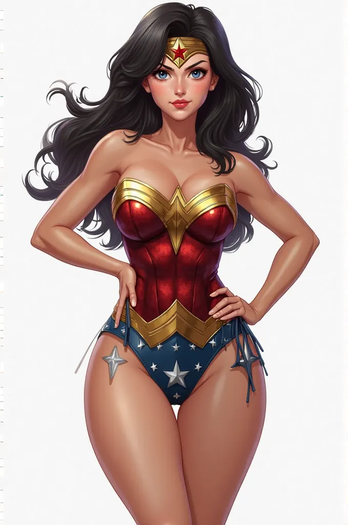  Wonder Woman ( anime) big round breasts with a full body she stands on a white floor with one hand on her waist she looks smilingly at her face very sensual 