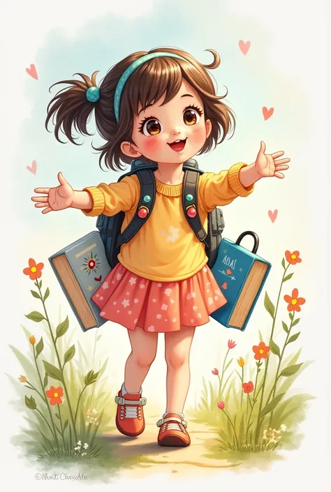  Cute girl with backpack and books in her hand. Kawaii painting style. watercolor style.