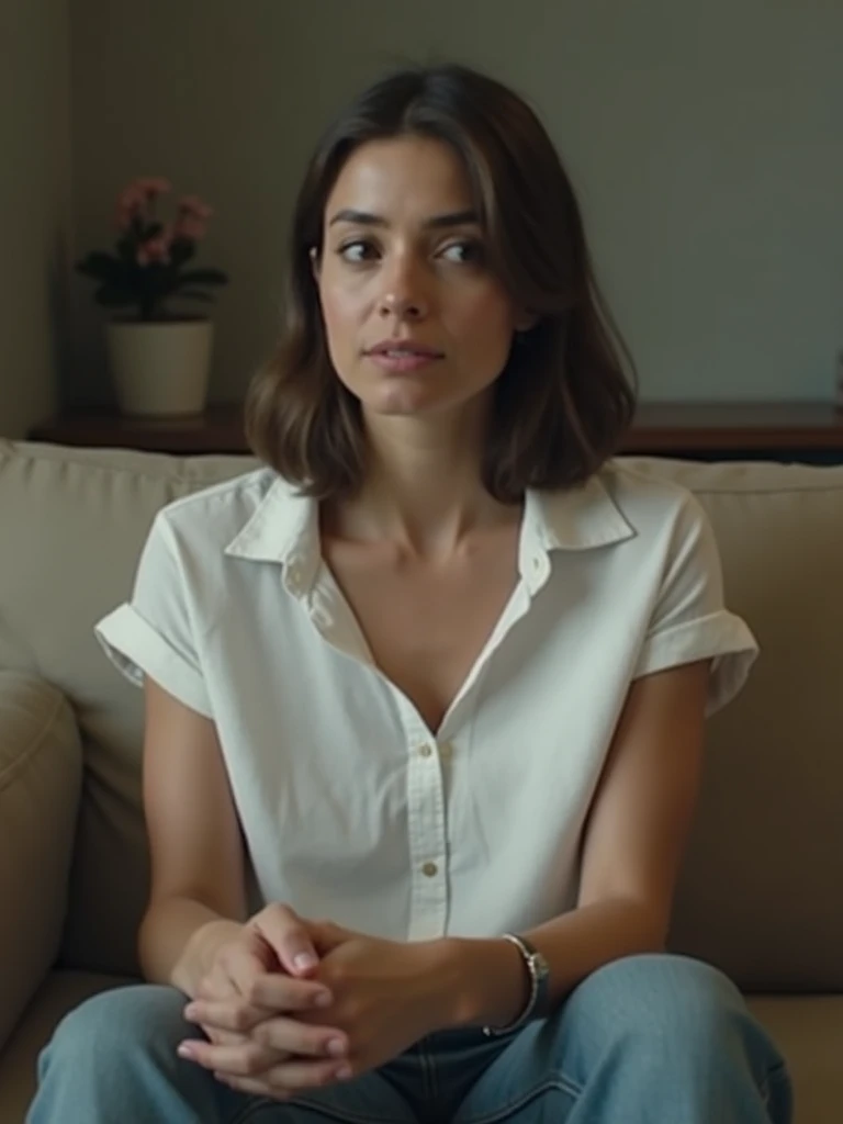 a single woman in a white shirt sitting on a couch during an interview low quality
