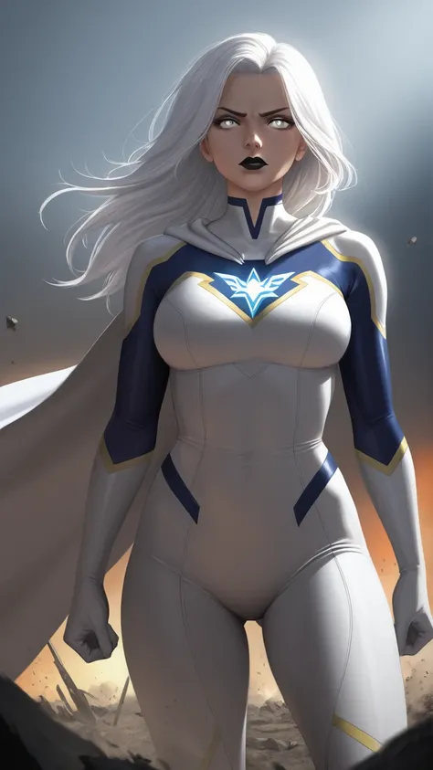 mujer adulta, 1.80 m high, white skin with Latin features, long white hair,  bright white eyes ,  shiny black lips . She wears a white superhero costume, modern and tight, with a sky blue eagle on his chest. He finds himself walking in the middle of a batt...