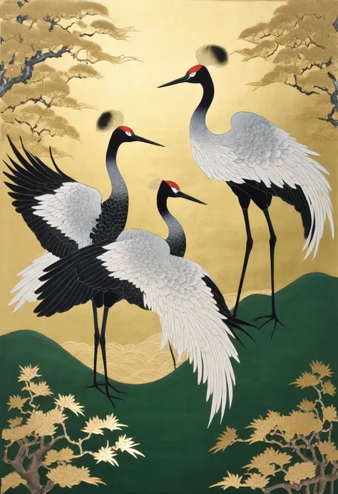 A highly detailed and meticulously crafted traditional Japanese-style artwork featuring a graceful formation of cranes soaring against a deep, textured green background. The composition captures the essence of classical Nihonga aesthetics, with a balance o...