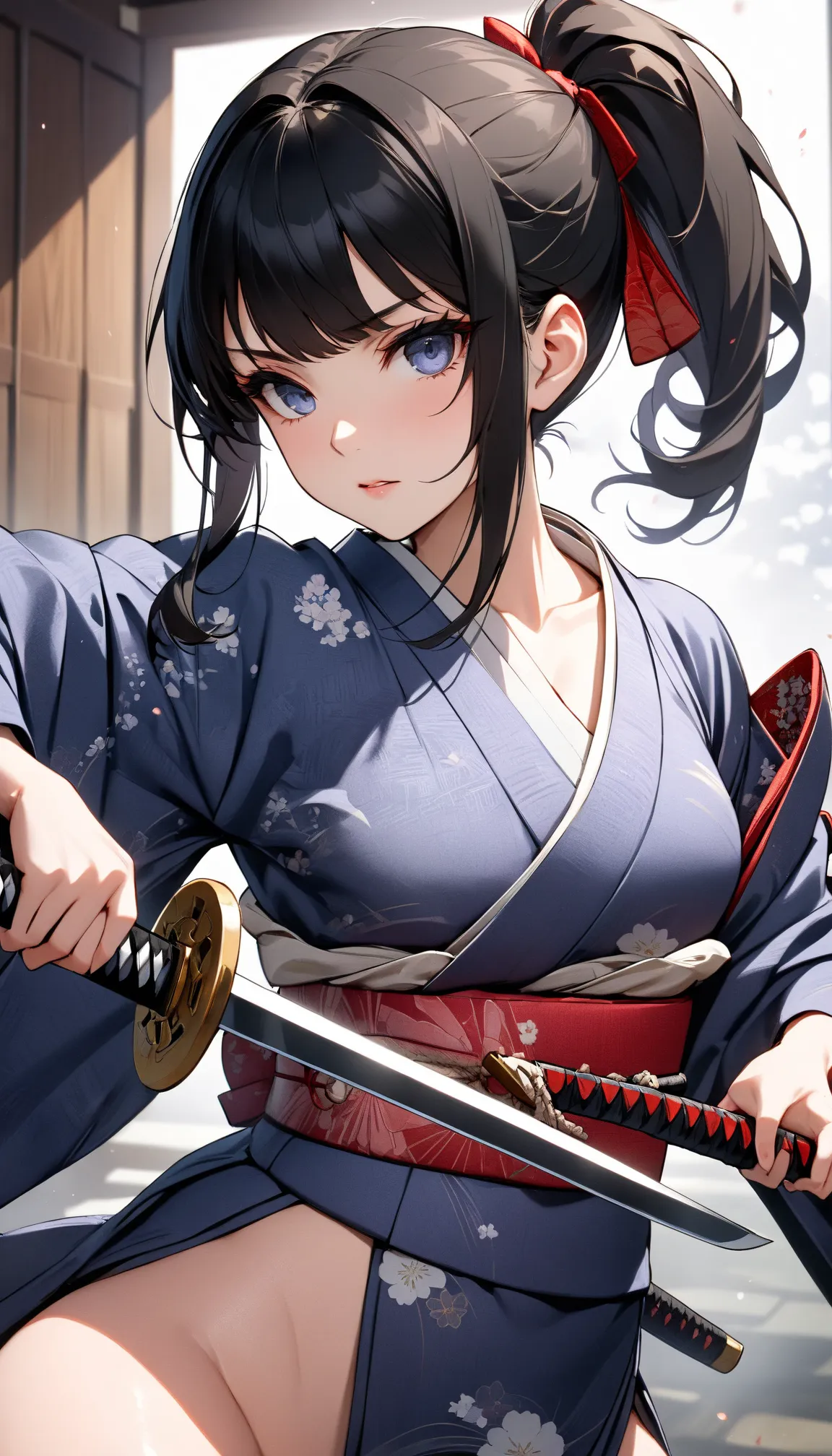 (((Best quality, 8k, Masterpiece: 1.3)), (detailed), perfect face, high resolution, textured skin, anime style, girl samurai, girl, black hair, side ponytail, kimono, traditional Japanese clothing, gracefully drawing a Japanese sword halfway from its sheat...