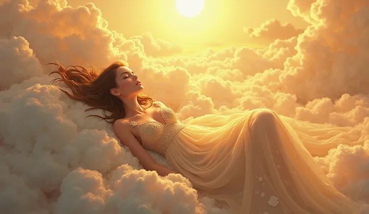 The Goddess of the Sleeping Dawn in Golden Clouds

A heavenly goddess rests on soft clouds, with golden rays of dawn illuminating her serene face. Her translucent dress shines like sunlight reflected in the sky. artstation, digital painting, highly detaile...