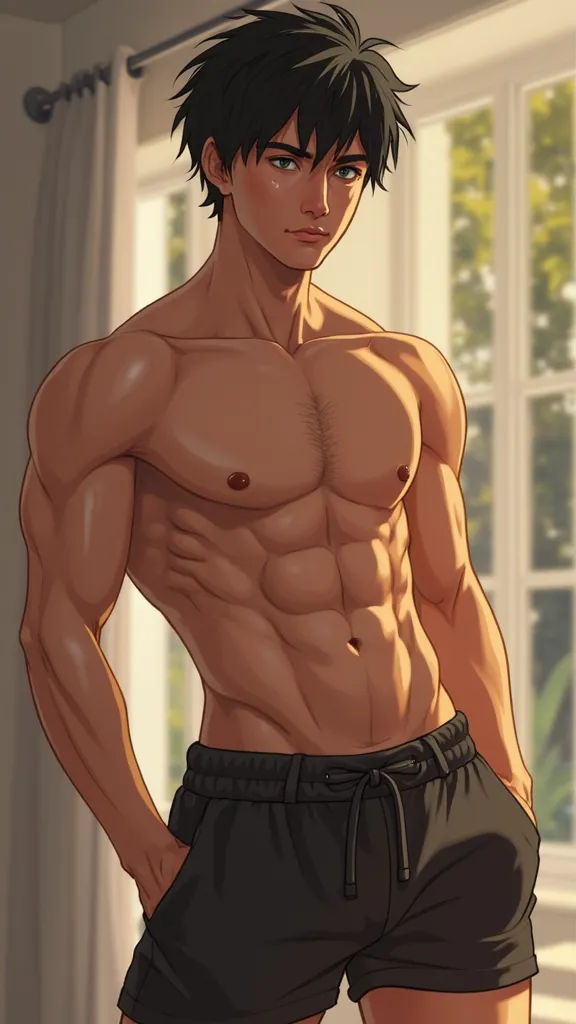  1 boy,good-looking guy、sunburn、 black hair、Tall Length、 high school student、 muscles、 completely naked、 abs、 open, dark eyes,detailed eyes), jerseys、erections、intense masturbation、firm thighs、