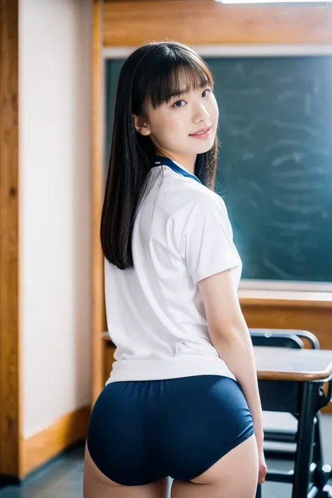 8k、Hi-Res、masterpiece、realistic、Details、fine texture、head to thigh portrait、high contrast、alone、high school girl、natural body shape、 white skin、Natural Cosmetics、  black hair、bangs、 straight long hair、((school-designated gym wear))(( Short-sleeved white gy...