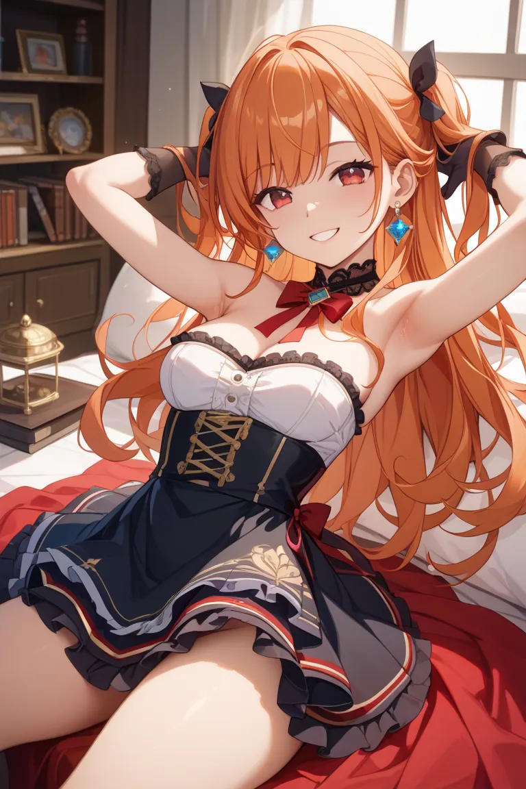 1 woman、chest、solo、 Watch viewers 、long hair、 gloves、orange hair、raise your arms、red hair、 dress、earrings、 Smile、黒い gloves、valley、黒い dress、red eyes、Strapless、Strapless dress、bangs、 multicolor hair、大きなchest1 woman、My penis is being put in my pussy、It feels ...