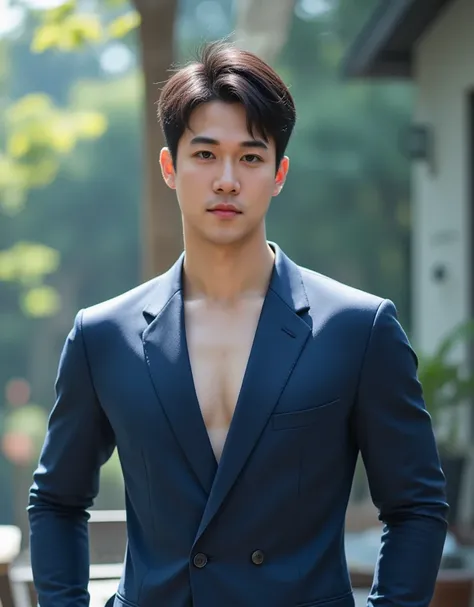 best quality, masterpiece, 8K, HD, masculine, 30 year-old korean gentleman, muscular, nerdy look, glasses, very tight fitting blue business suit, big bulge, golden ratio, sexy, god rays, soft lighting, dynamic shadows, sharp focus, perfection, no watermark...