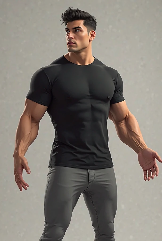 Realistic Ultra HD image. Half-muscular 19-year-old boy in black shirt and gray pants looking at the side with his hands outstretched