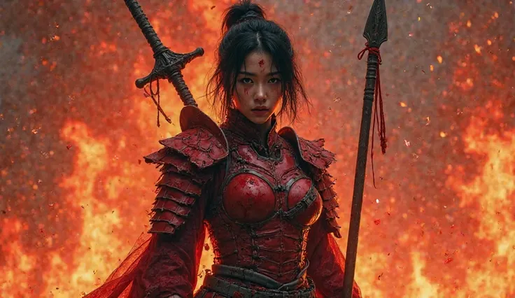 ((Full body photo, standing, feet on the ground)) a Korean woman, short masculine haircut, wearing broken and bloodied red armor, holding a broken and bloodied spear, blood on her face, exhausted expression, hellfire background, fantasy art by tyler edlin,...