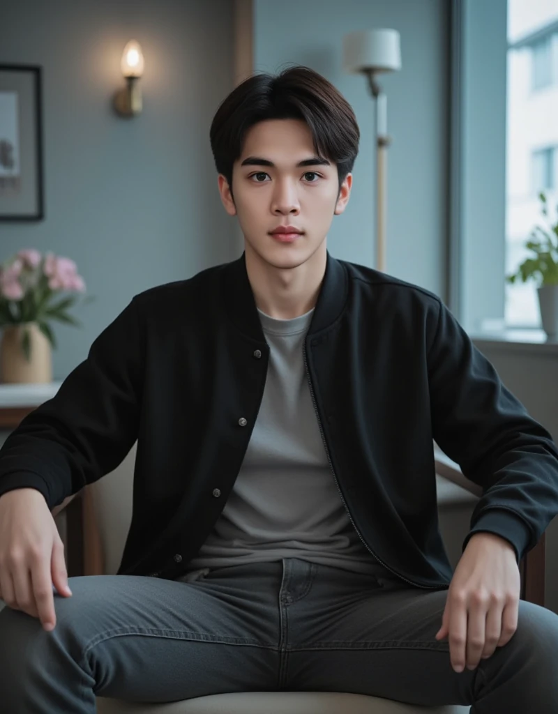 an Asian guy aged 25. wearing a t-shirt black jacket.jeans.is sitting on a chair in a cool room 