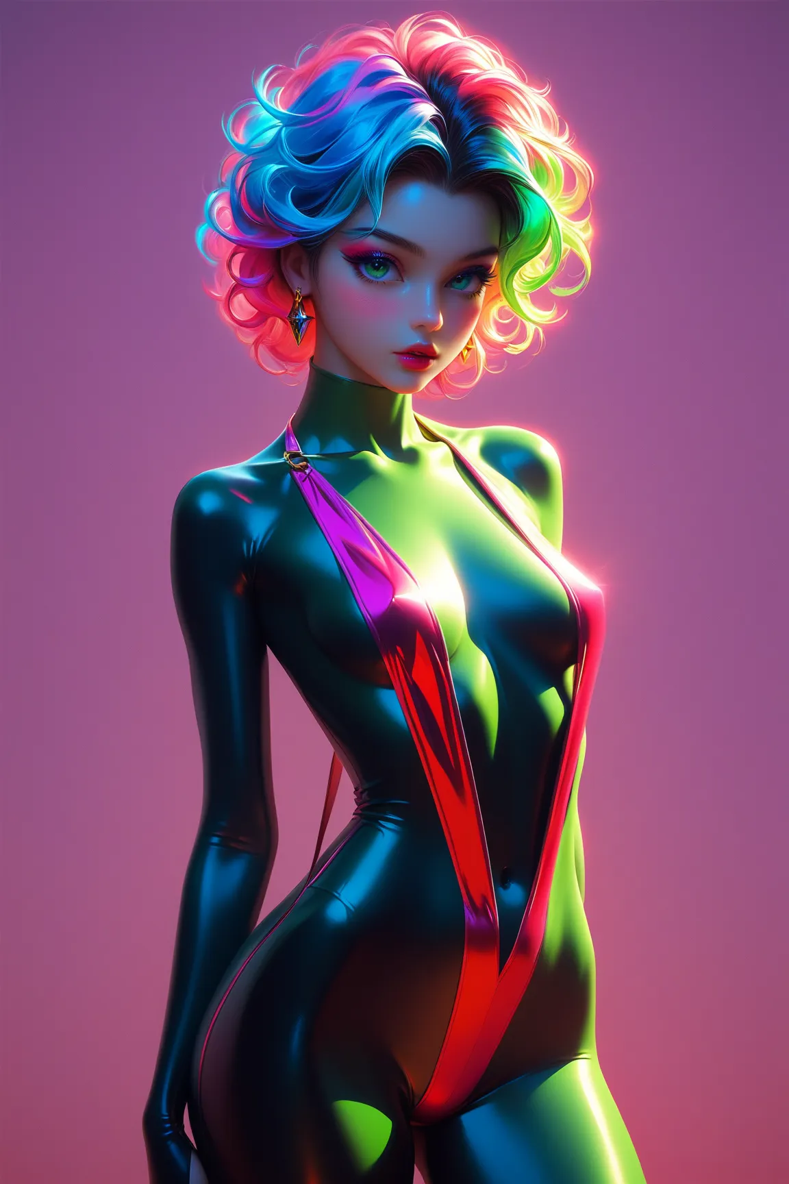 very young ebony girl, slender, petite, red lips, plunging neckline, small perky breasts, custom, colorful neon hair, masterpiece, style, hair [green:1.75] [neon:1.32], detailed, shiny skin, no background, green background, pink background, gold background...