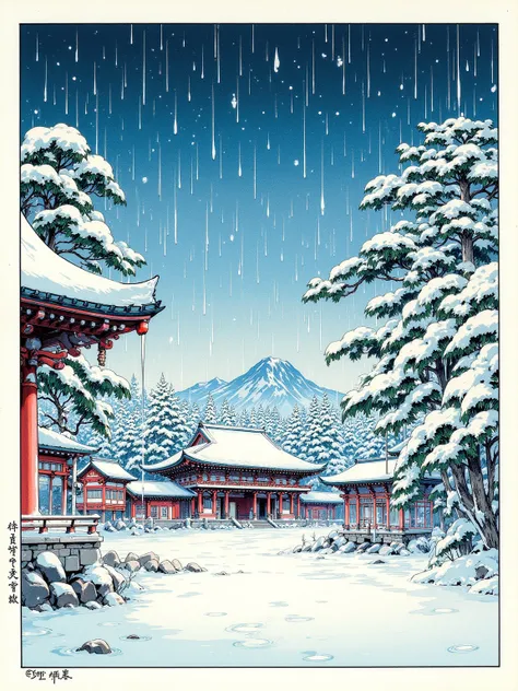 浮世絵風のOriginal Japanese Landscapeの多色刷り木版画, A temple with a snowy landscape、Snow piled up on roofs and snow dripping on pine branches,Winter sky drawn in light blue and white on the background,New Prints,When it's dark,multicolor texture of traditional woodb...