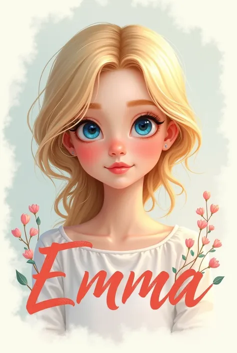 Create me a cover for a painting book with the name of EMMA, with an image of a blonde avatar girl with blue eyes