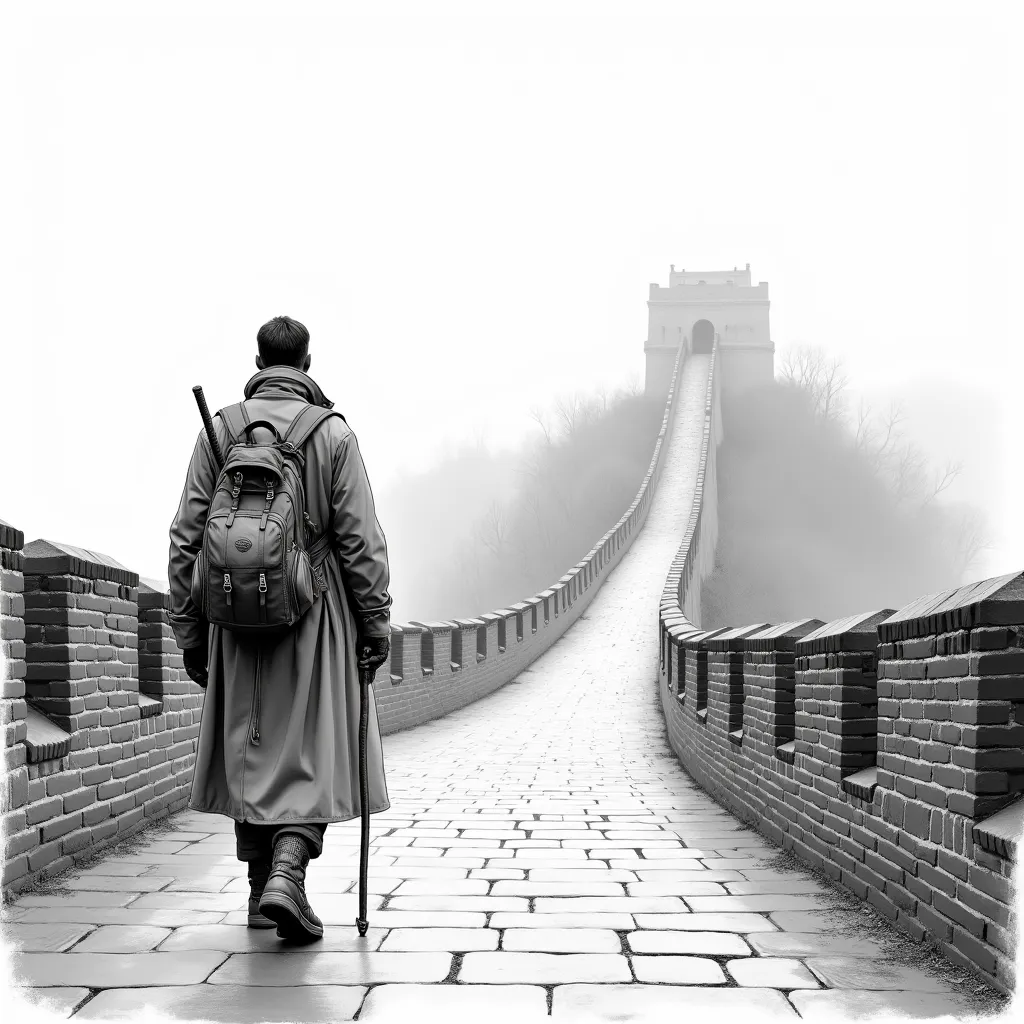 A lone traveler walks along the Great Wall of China, facing away from the viewer. He wears a traditional long robe, a warm coat, and sturdy boots, carrying a walking staff in one hand. A large backpack is strapped to his back, symbolizing a long journey ah...