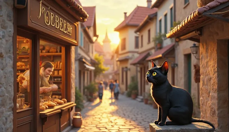 A picturesque, quiet little town at sunrise, bathed in warm golden light. The cobblestone streets are lined with small, colorful houses with wooden shutters, and a few early risers walk along the street. In the foreground, a cozy bakery with a wooden sign ...