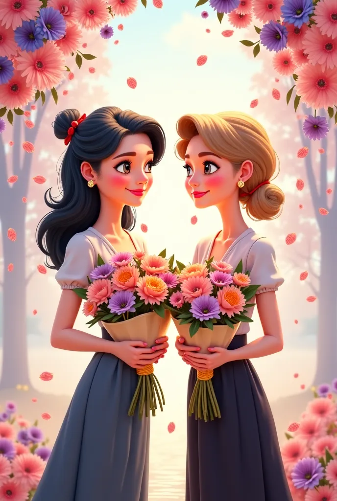 View this photo in cute pixar cartoon style. There are 2 women in the picture with flowers in their arms. Leave the background the same