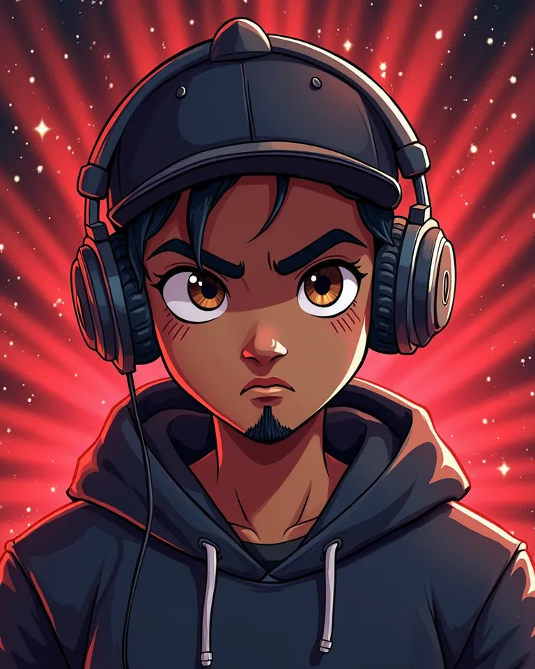 Create a masculine character with a more adolescent appearance, with dark-skinned cartoon goatee, brown eyes,short black hair, Serious and confident expression. Ele deve ter um visual gamer, using modern headphones and a stylish cap. The character must be ...