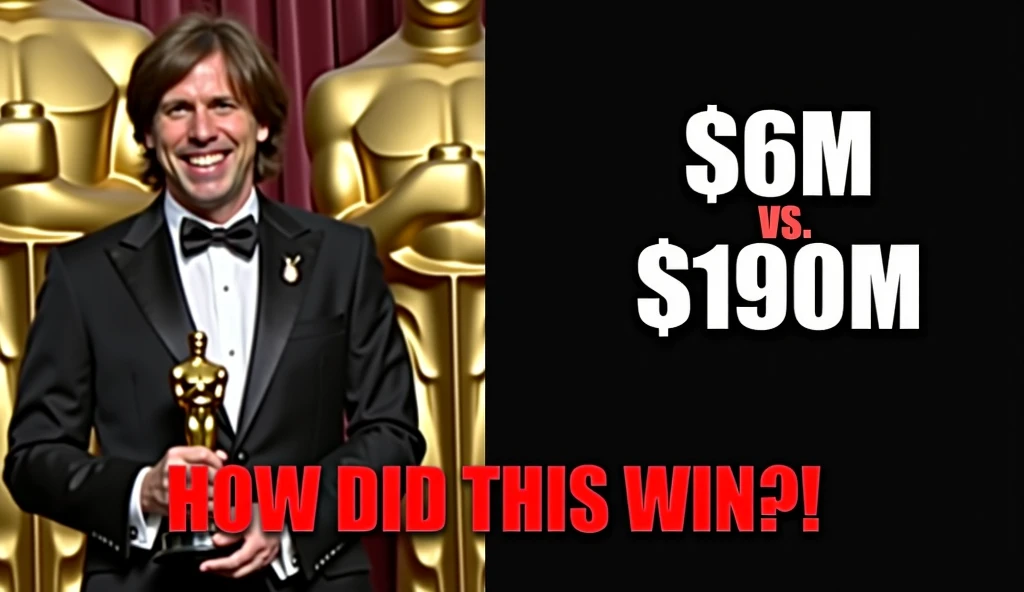  A dramatic split-screen image featuring Sean Baker holding the Oscar in an emotional moment on one side, and a bold “$6M vs. $190M” budget comparison graphic on the other. The text “HOW DID THIS WIN?!” in bold, eye-catching font.