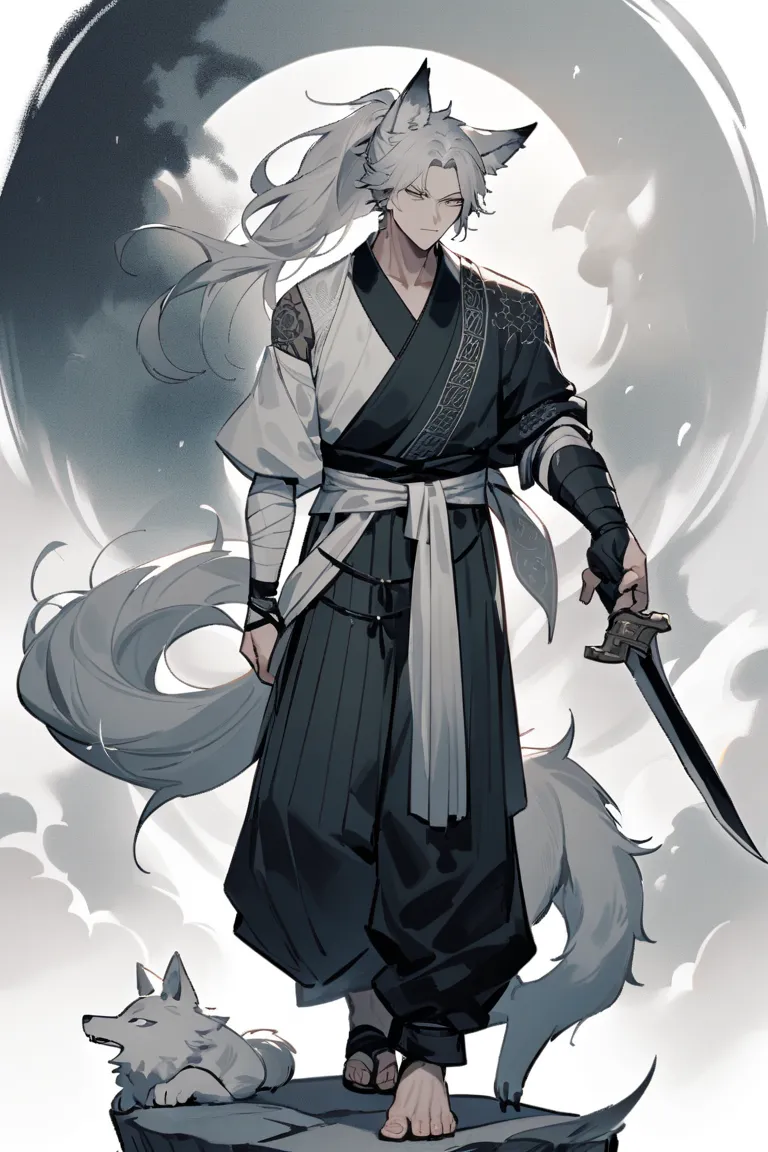 A male warrior with the features of a half-wolf, wearing a traditional one-sleeve kimono. One sleeve is normal, while the other arm is wrapped with bandages, exposing his shoulder. The outfit is primarily black and pale ash-white, adorned with subtle gray ...