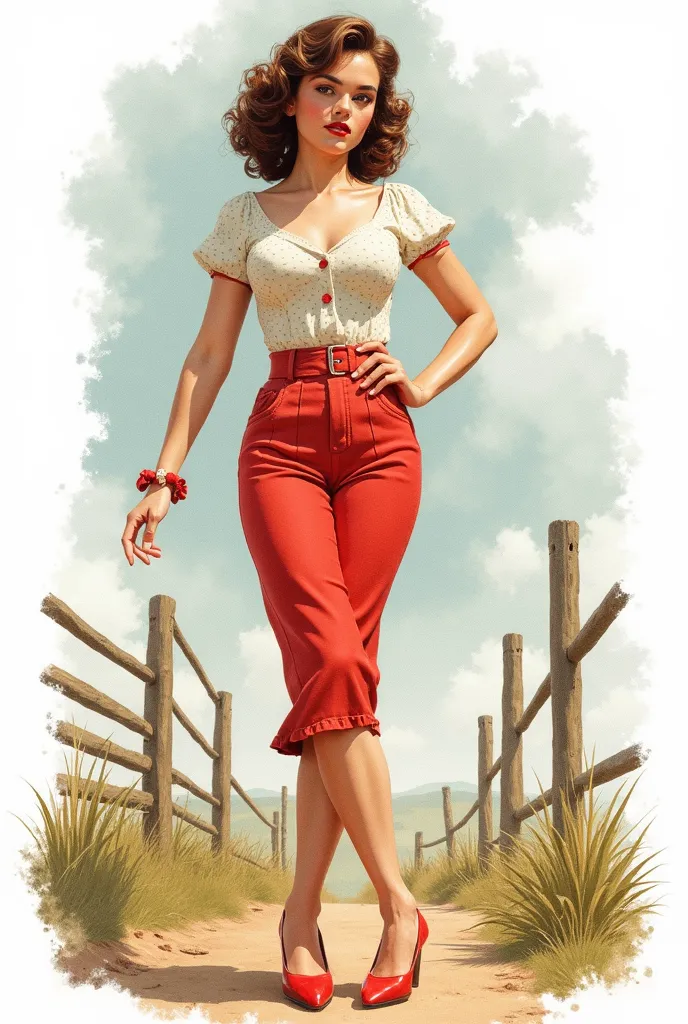  1950s watercolor, pen and ink, 25-year-old Ana de Armas in retro fashion, pinup style, full-length shot , depiction of country life, light gray, light brown, red, white, blue, in classic Americana style, speckled, playful innocence, dotted, white backgrou...