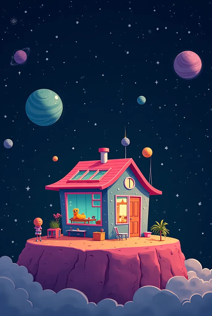 I want someone to set up a home in outer space, simple cartoon