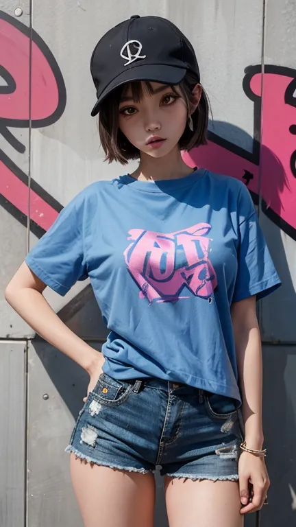 solo , 1girl , blue shirt hip hop styes , big breast , Short pants hip hop styes , graffiti pattern shirt