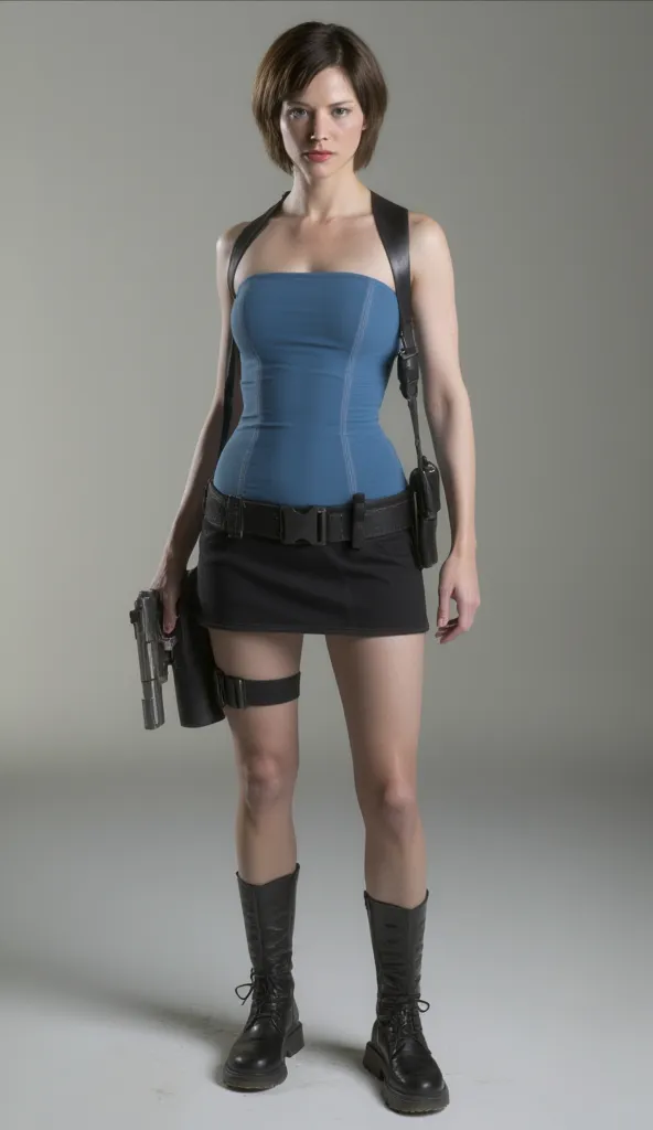 Sienna Guillory as Jill Valentine, black boots, black hair, short black skirt, blue top, Resident Evil Apocalypse, "3d model", "render", "only face", "Only face view" perfect body, show big breasts