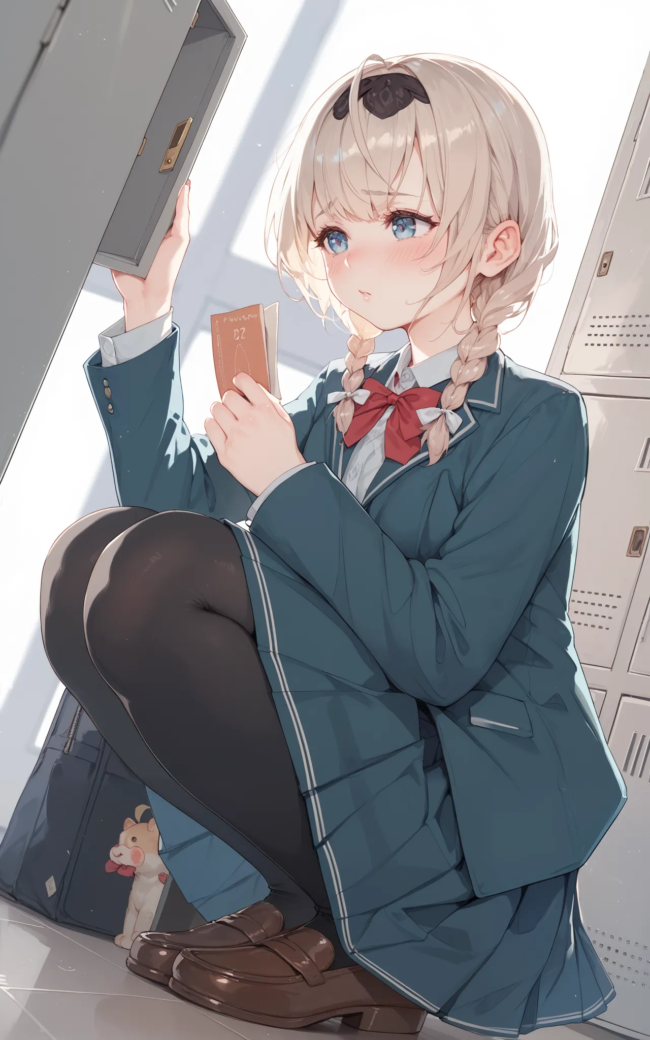 school girl, stockings, blush, school, lockers, checking her locker, squatting, very shy look, looking at the locker, big boobs, holding a piece of paper, blond silver ish hair, short braided ponytails 