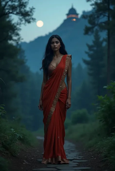 Beautiful indian woman posing, straight photoshoot pose, full body portrait, moonlit night, night time, winter, walking on forest path, detailed face, cute, big eyes, iconic, photorealistic, mountain temple, detailed background, big breasts, sexy thin sare...