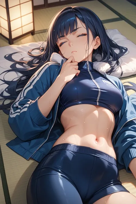 Beautiful girl wearing a navy blue jersey jacket and a navy blue swimsuit,Athletic build, Moriman,serious expression,The mouth is closed in true kanji,On the tatami mats in a Japanese-style room,Sweaty,Dusky ,There is a lantern ,My female friend is sleepin...