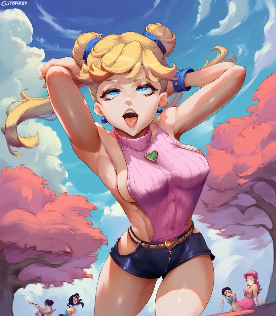 anime girl with blonde hair and blue eyes in a pink outfit, concept art by Kanbun Master, pixiv, process art, splash art anime loli, ahegao, humanoid pink female squid girl, jojo's bizzare adventure!!, sfw version, jojo's bizzare adventure, oppai, jojo's b...