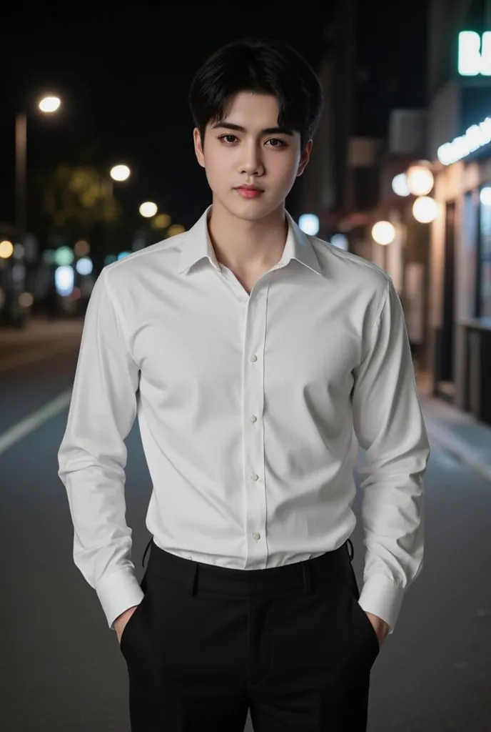 sex, masculine, Age 28 years, (Model, Byeon Woo-seok, South Korean celebrities), (bestquality:1.2, 8k resolution, highres:1.2), (asian, korea, handsome:1.4), White shirt, Short black hair, Good looking, Fair-skinned, Formal dress code, (On the road at nigh...