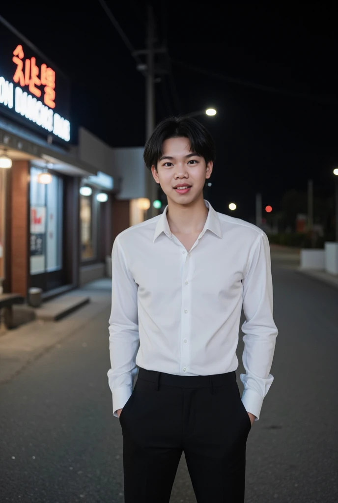 sex, masculine, Age 28 years, (Model, Byeon Woo-seok, South Korean celebrities), (bestquality:1.2, 8k resolution, highres:1.2), (asian, korea, handsome:1.4), White shirt, Short black hair, Good looking, Fair-skinned, Formal dress code, (On the road at nigh...